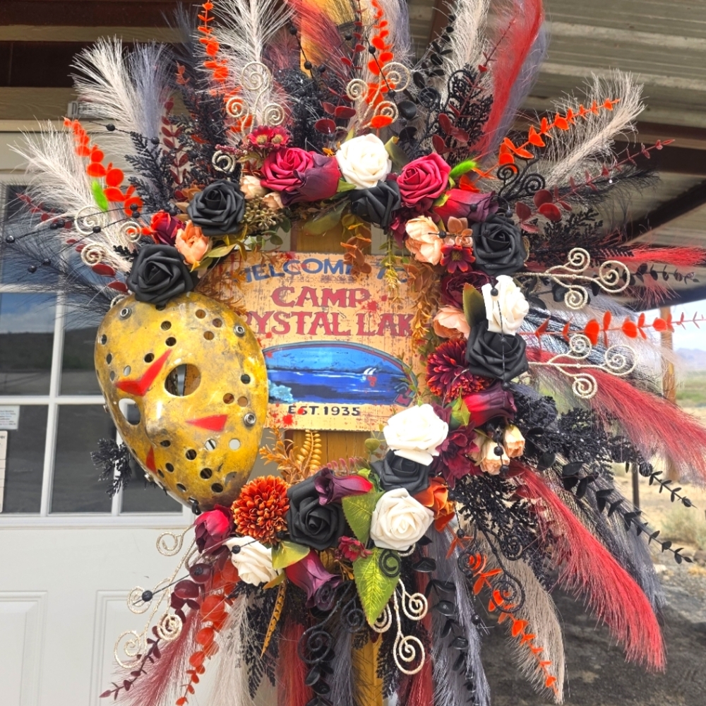 Handcrafted Camp Crystal Lake Wreath — Horror-Inspired Décor with Jason Mask